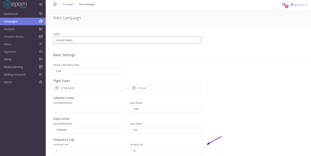 Ad Campaign Settings in Epom White-Label Demand-Side Platform