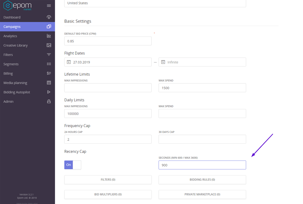 Targeting options in the Epom White-Label Demand-Side Platform