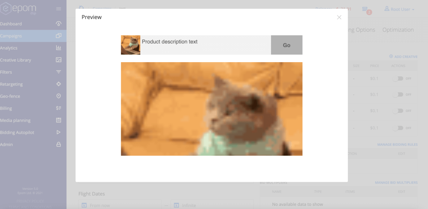 Preview ad formats in Epom white-label DSP