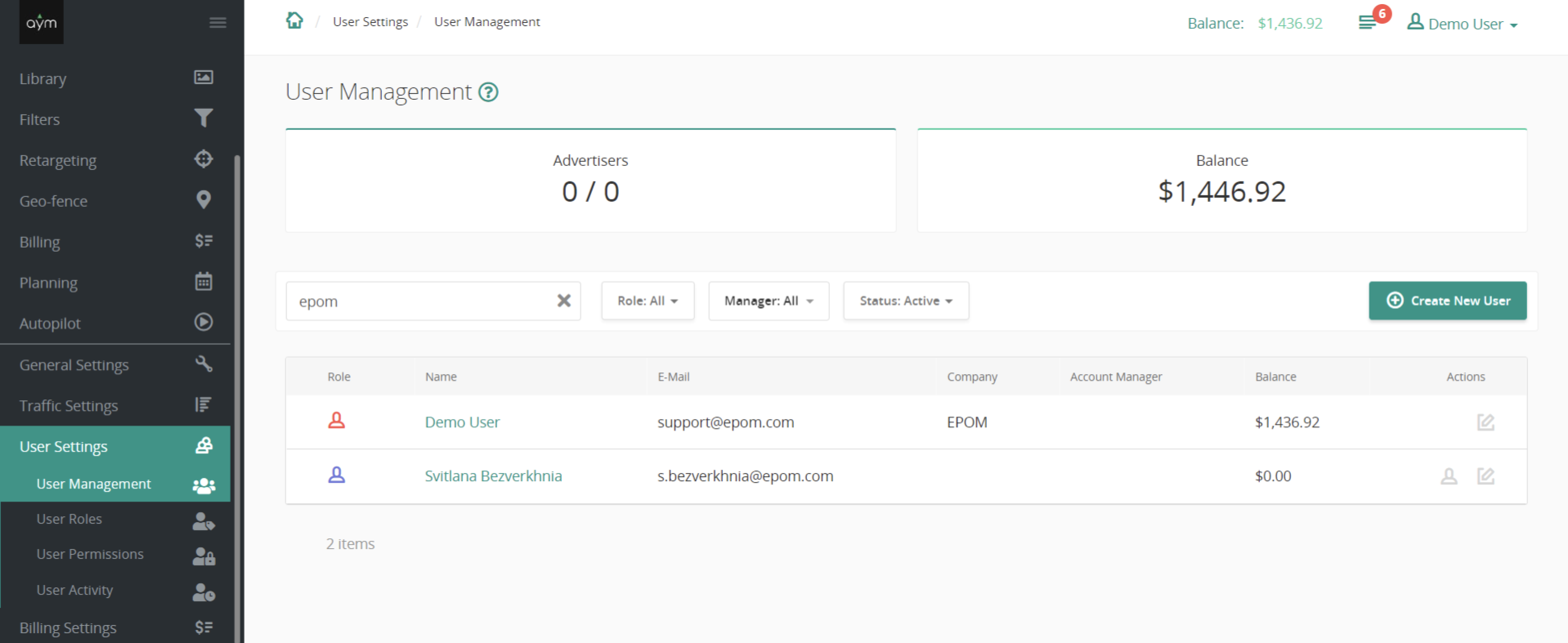 Epom white-label DSP 5.5 user management search