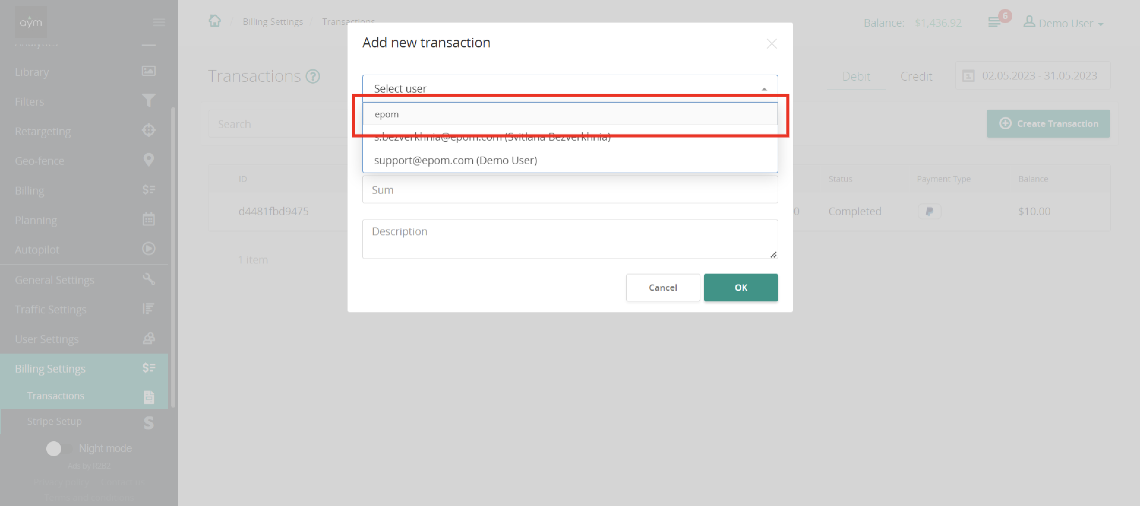 Epom white-label DSP 5.5 billing user search