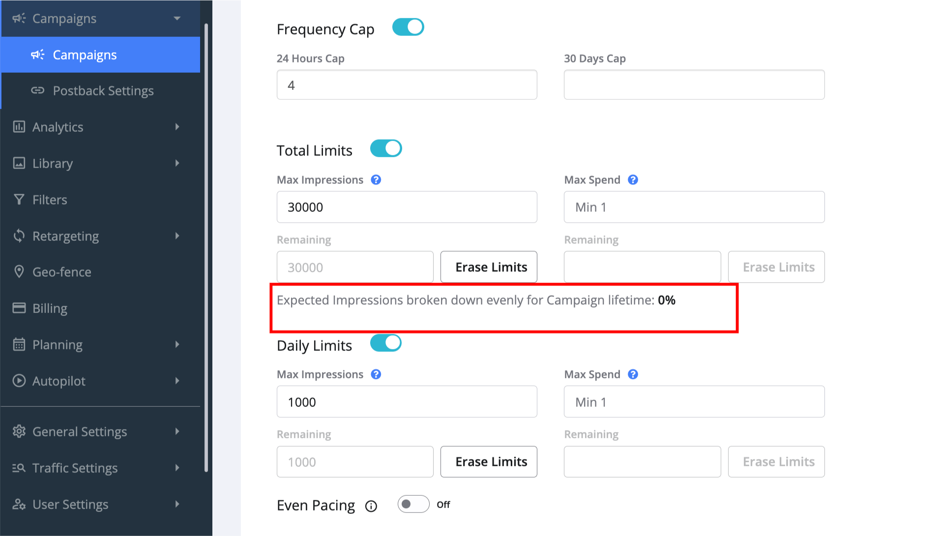 impressions limits and percentage tracking feature