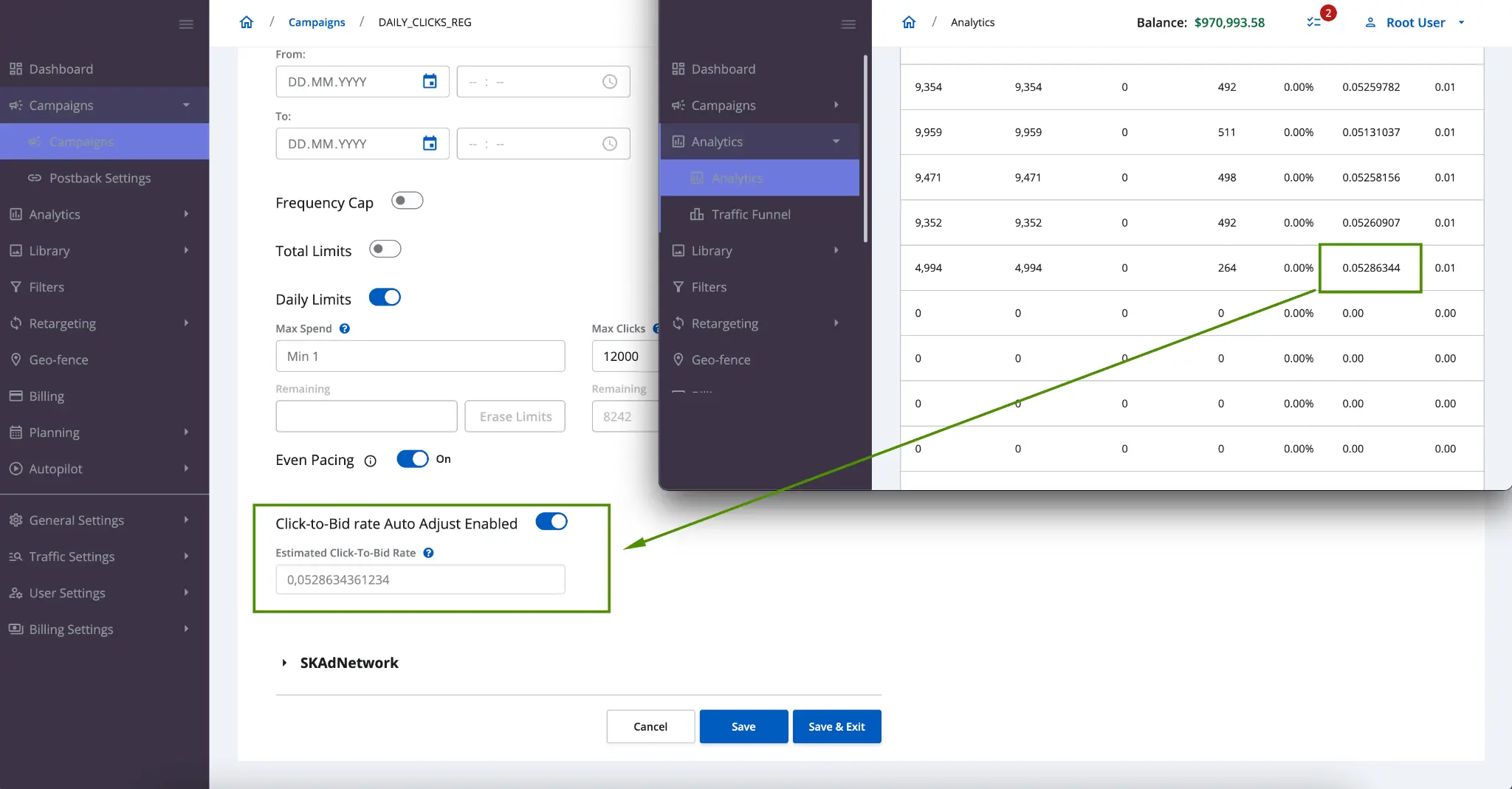 Click-to-bid auto adjust on Campaign level Epom DSP