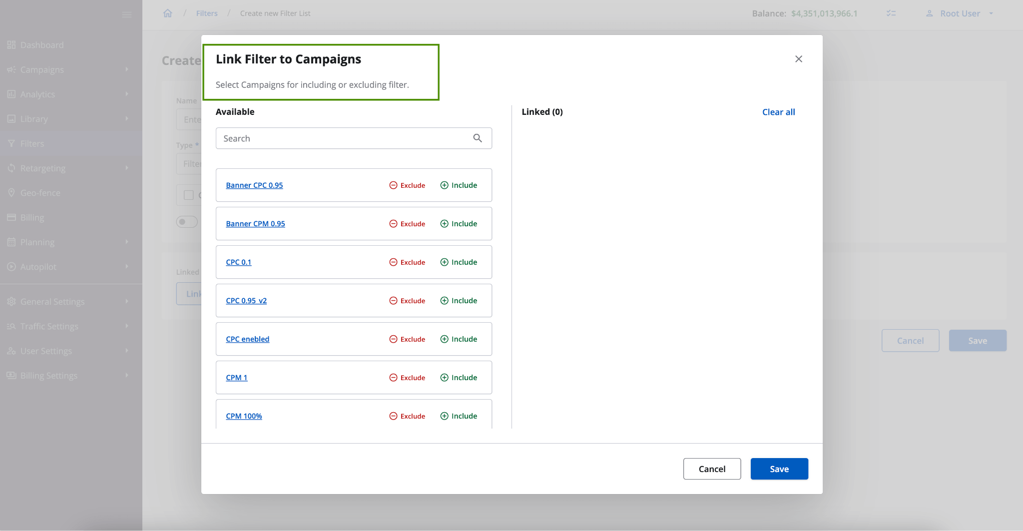 two-way linking filters to campaign