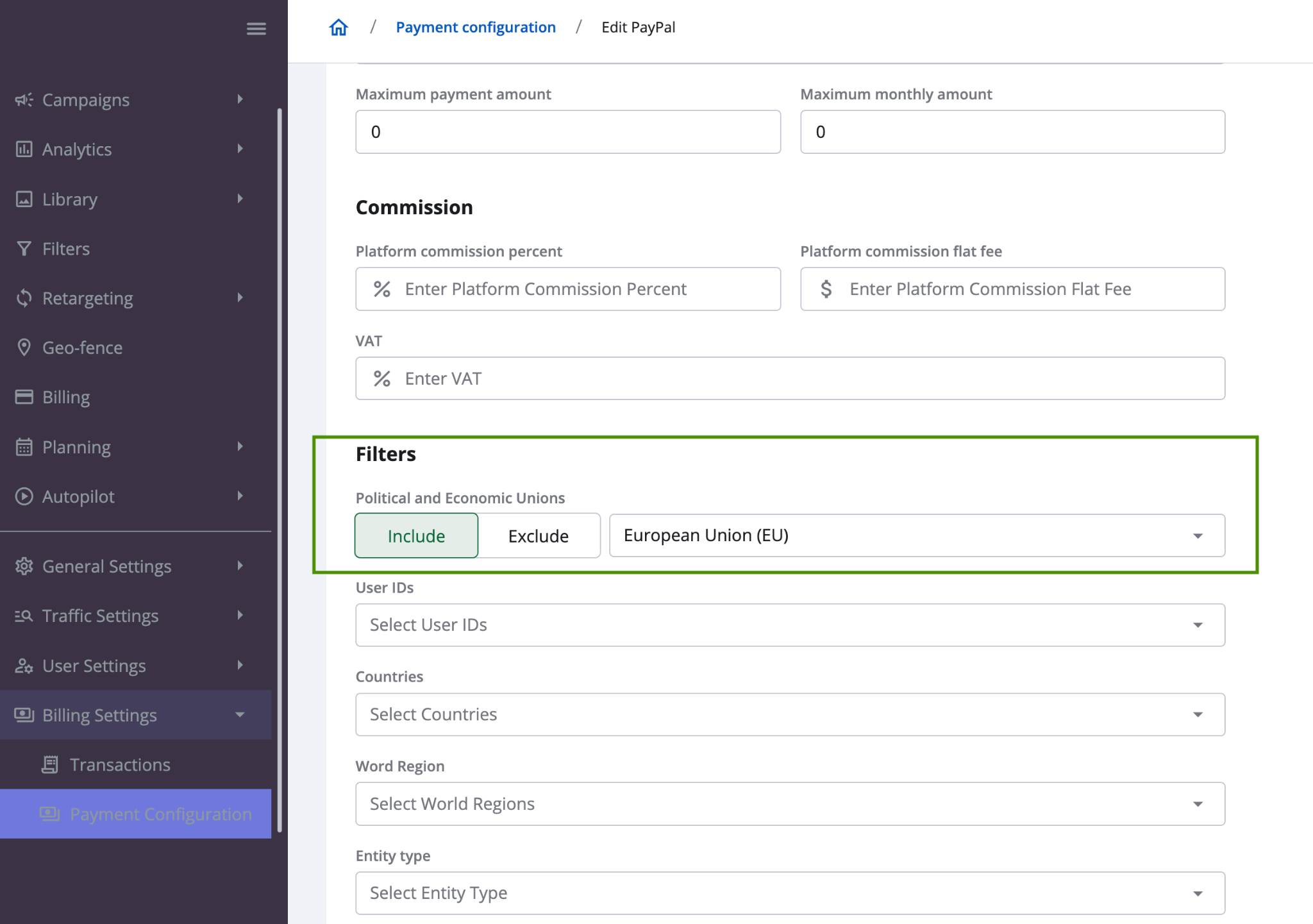 new payment configuration filter