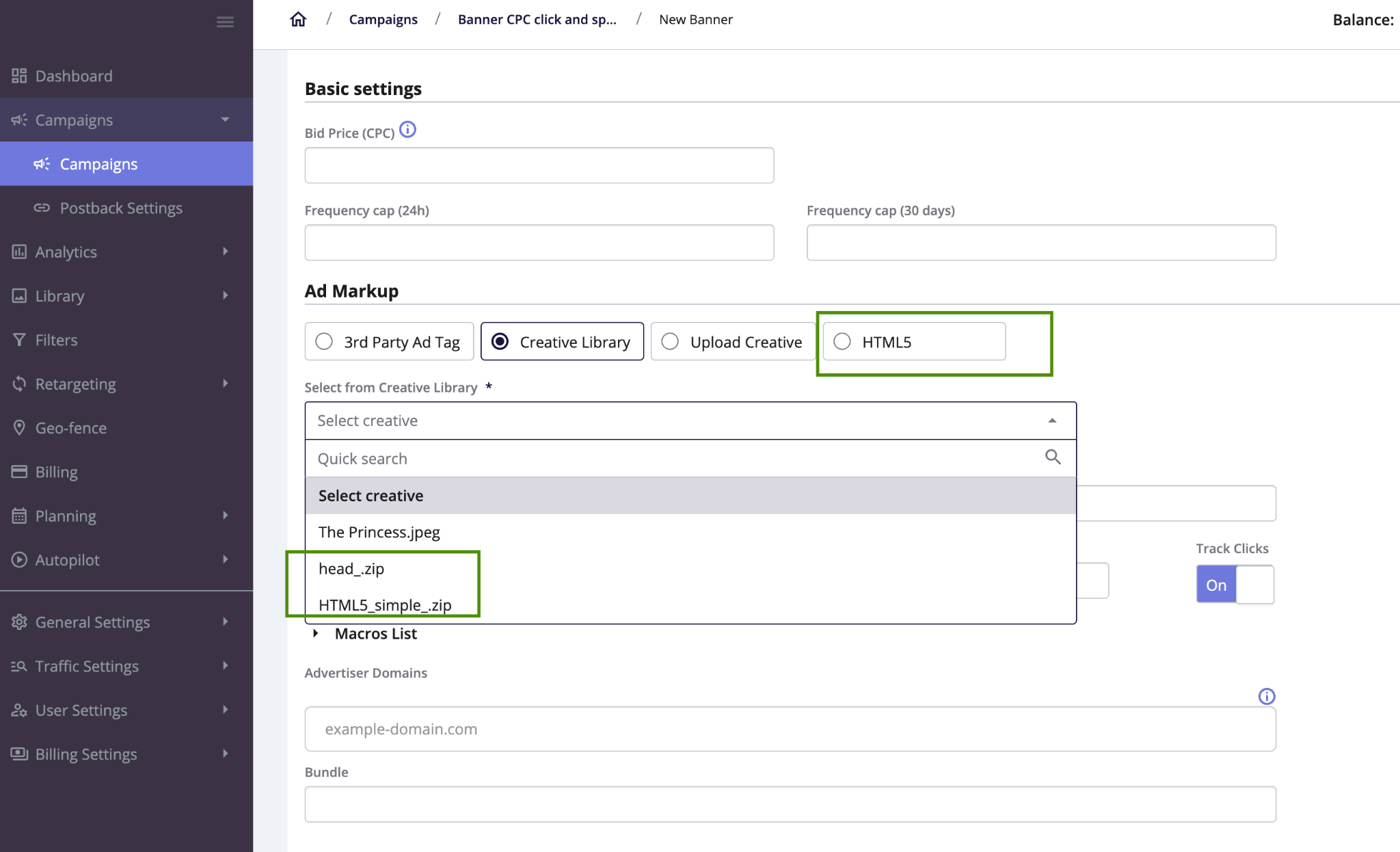 HTML5 creative in Epom DSP 6.9.2
