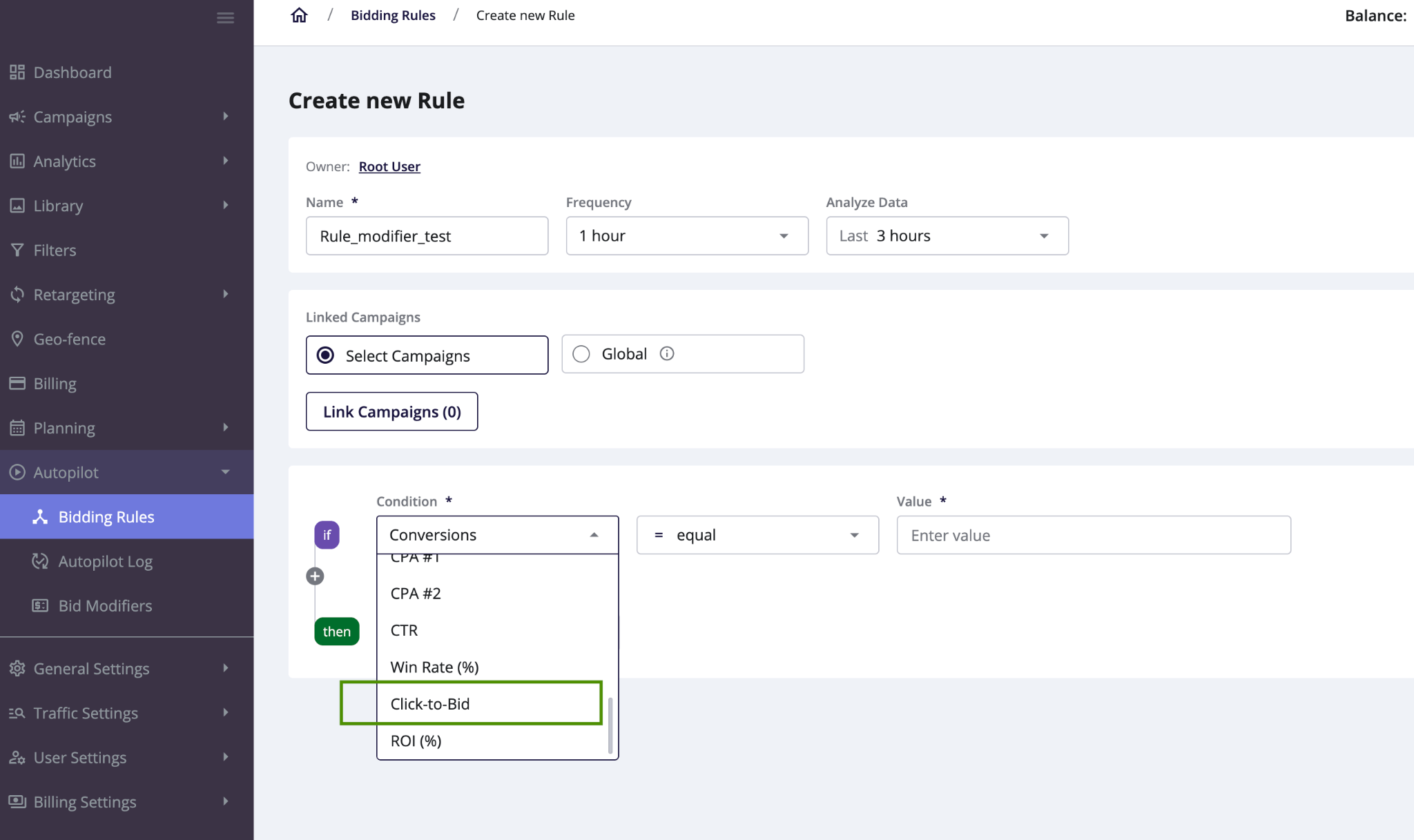 Bidding rule based on click-to-bid condition in Epom DSP 6.9.2 