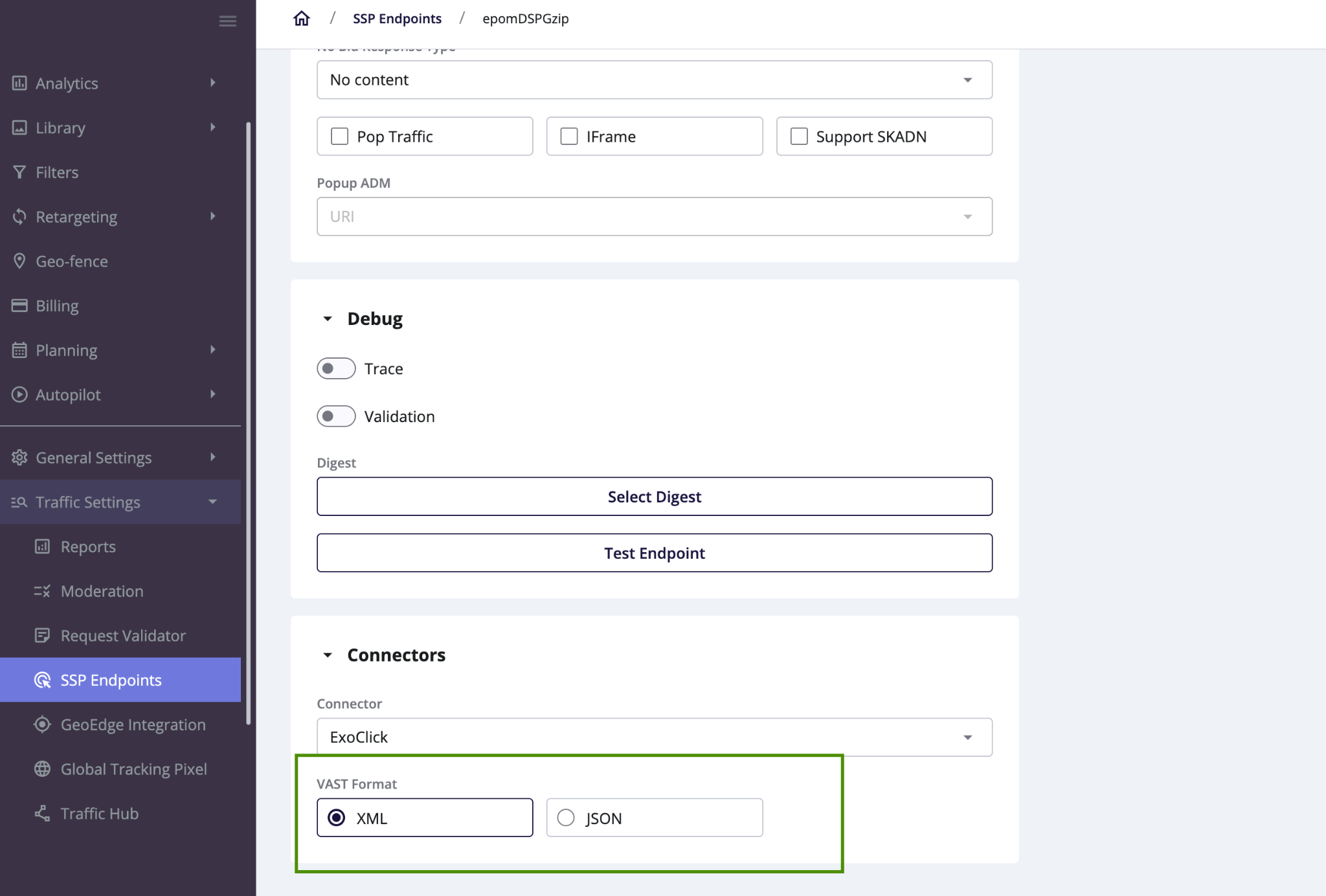 JSON VAST bid response selector in Epom DSP 6.9.2