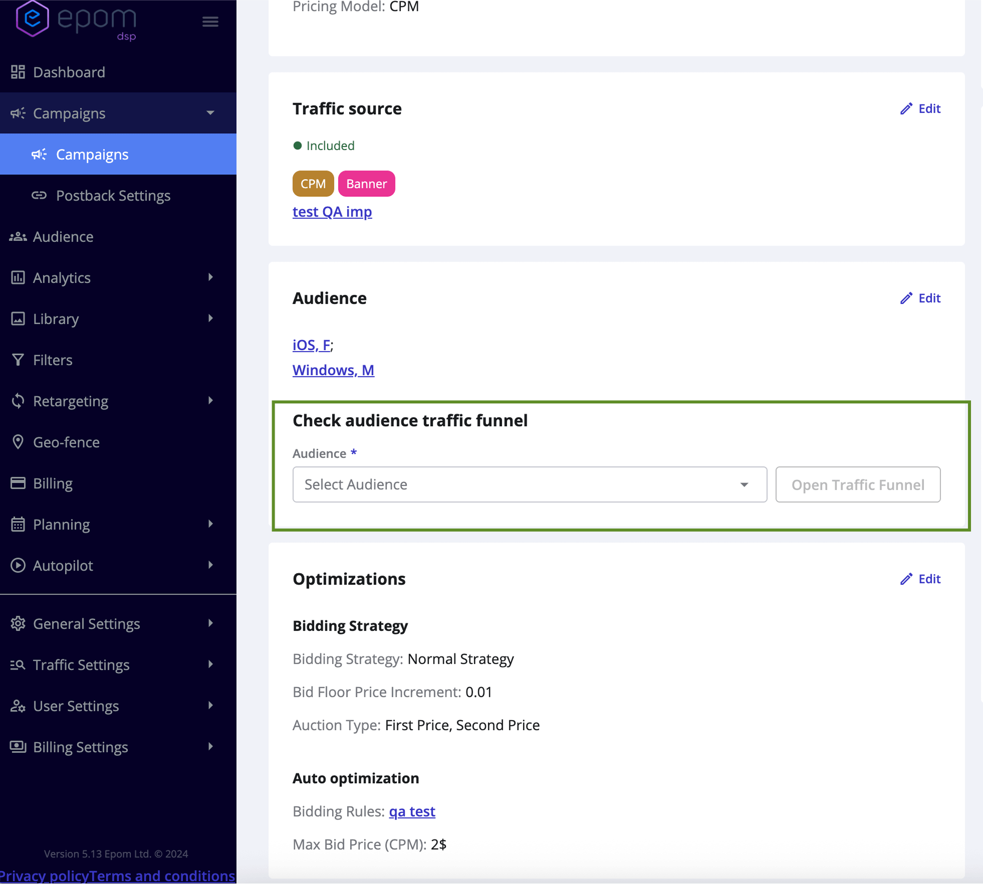 Epom DSP 7.1: audience traffic funnel access