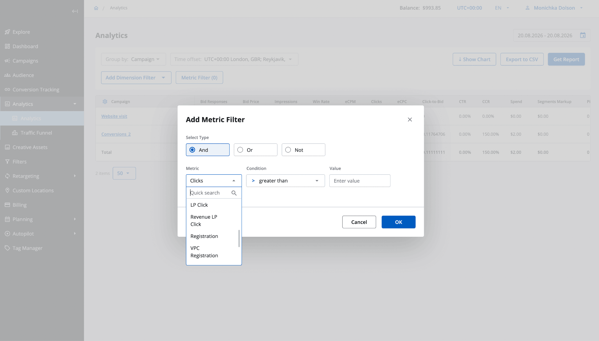 Add Metric Filter dialog in Epom DSP analytics showing real postback action names