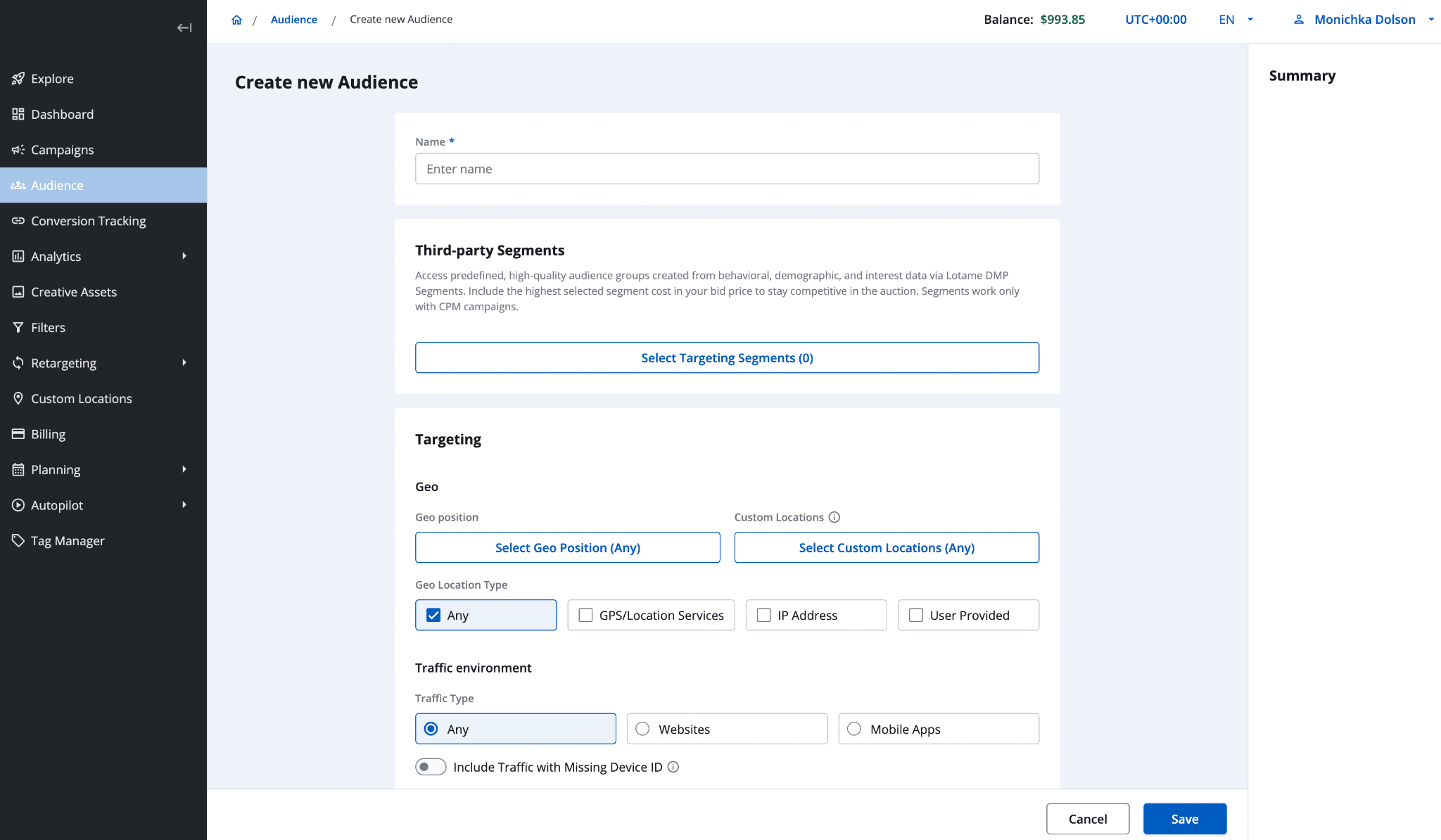 Create new Audience form in Epom DSP with the Name field in the main form