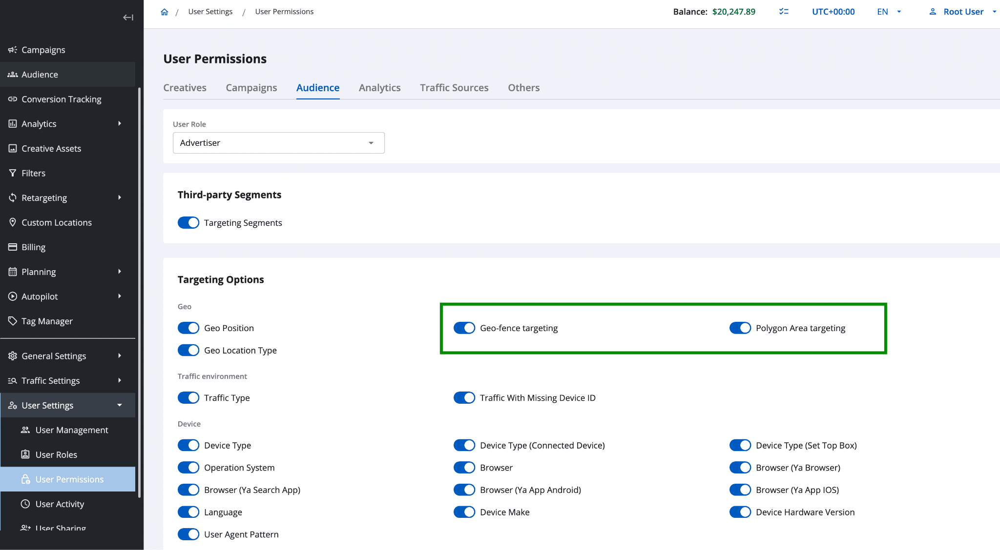 User Permissions in Epom DSP with Geo-fence targeting and Polygon Area targeting as separate toggles