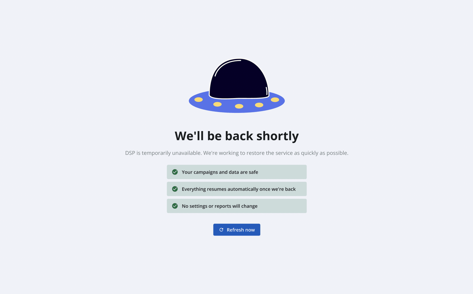 Epom DSP maintenance page reading We'll be back shortly with a Refresh now button