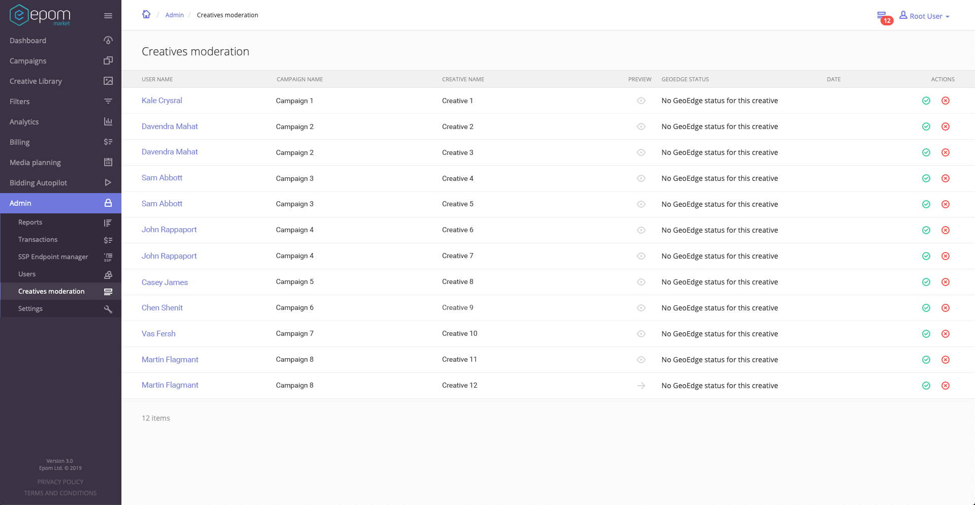 Creative moderation interface in White Label DSP Account