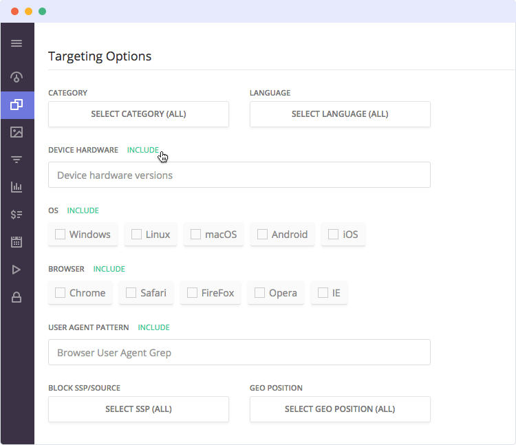 White Label demand-side platform interface: Targeting options