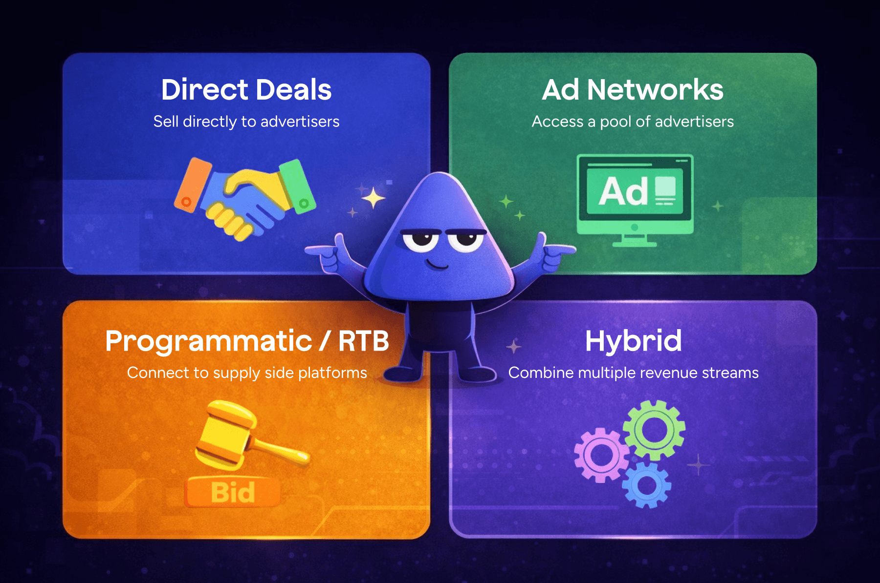 Four ad monetization models illustrated with icons.
