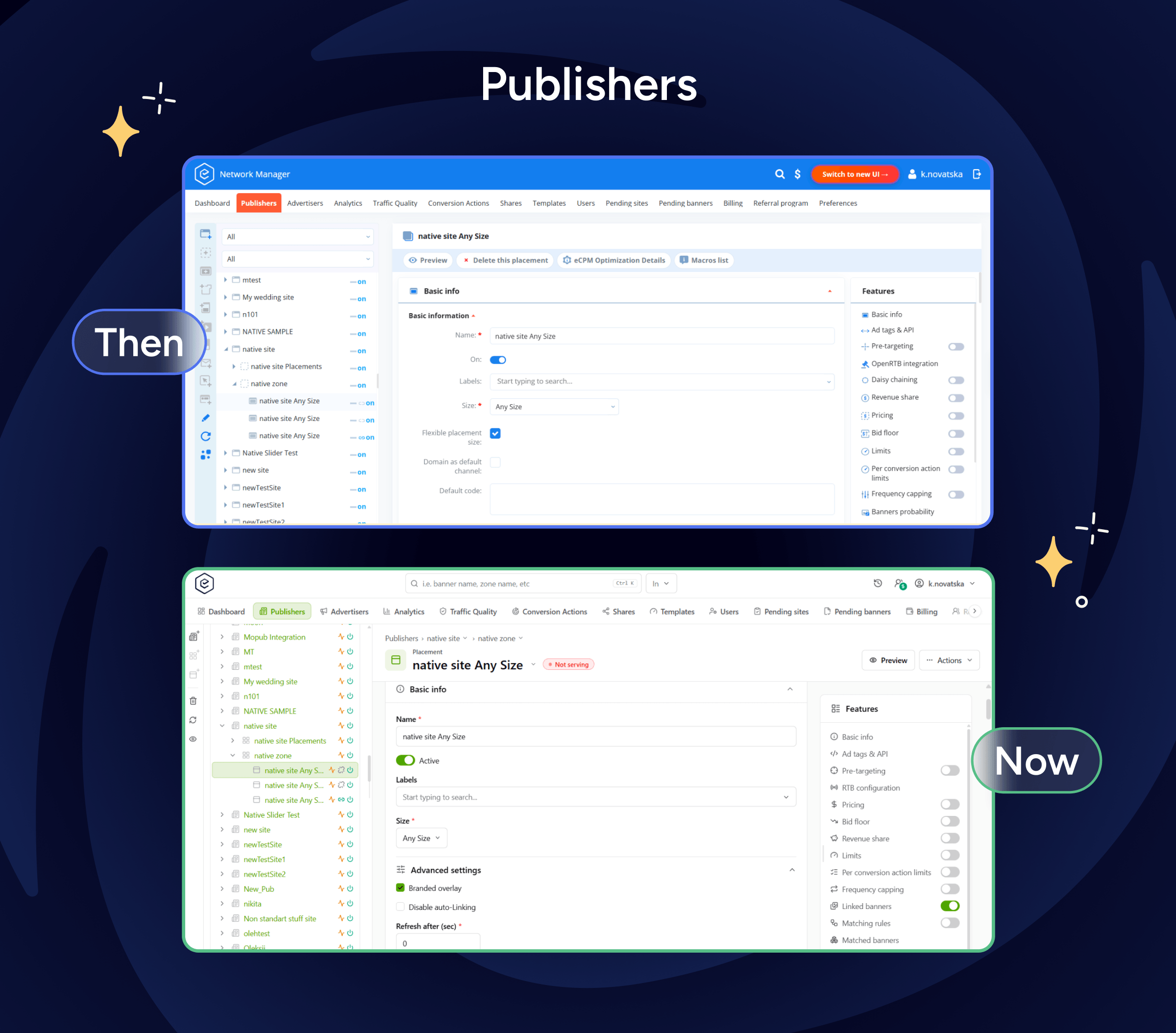 Epom ad server — placement page, original and rebuilt