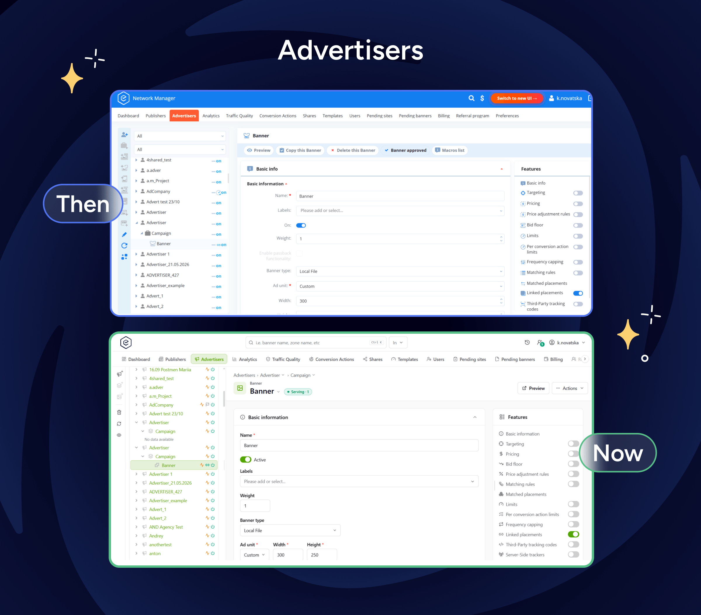Epom ad server — campaign page, original and rebuilt