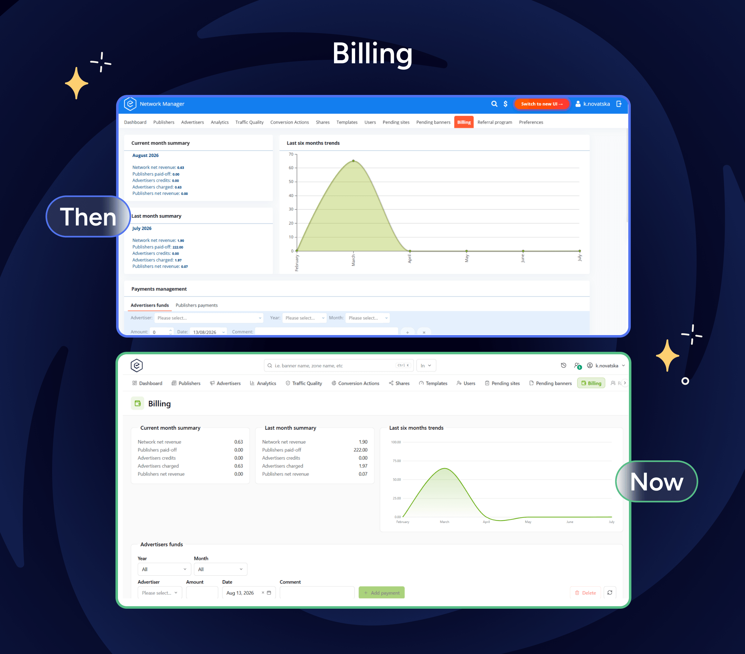 Epom ad server — billing page, original and rebuilt