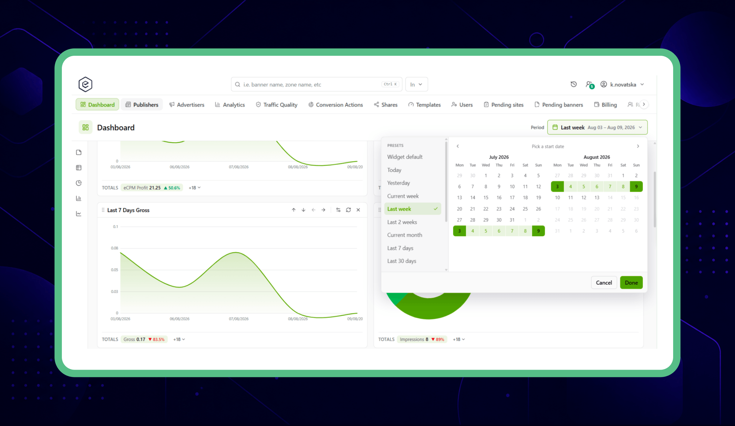 Epom ad server new interface — dashboard date range picker