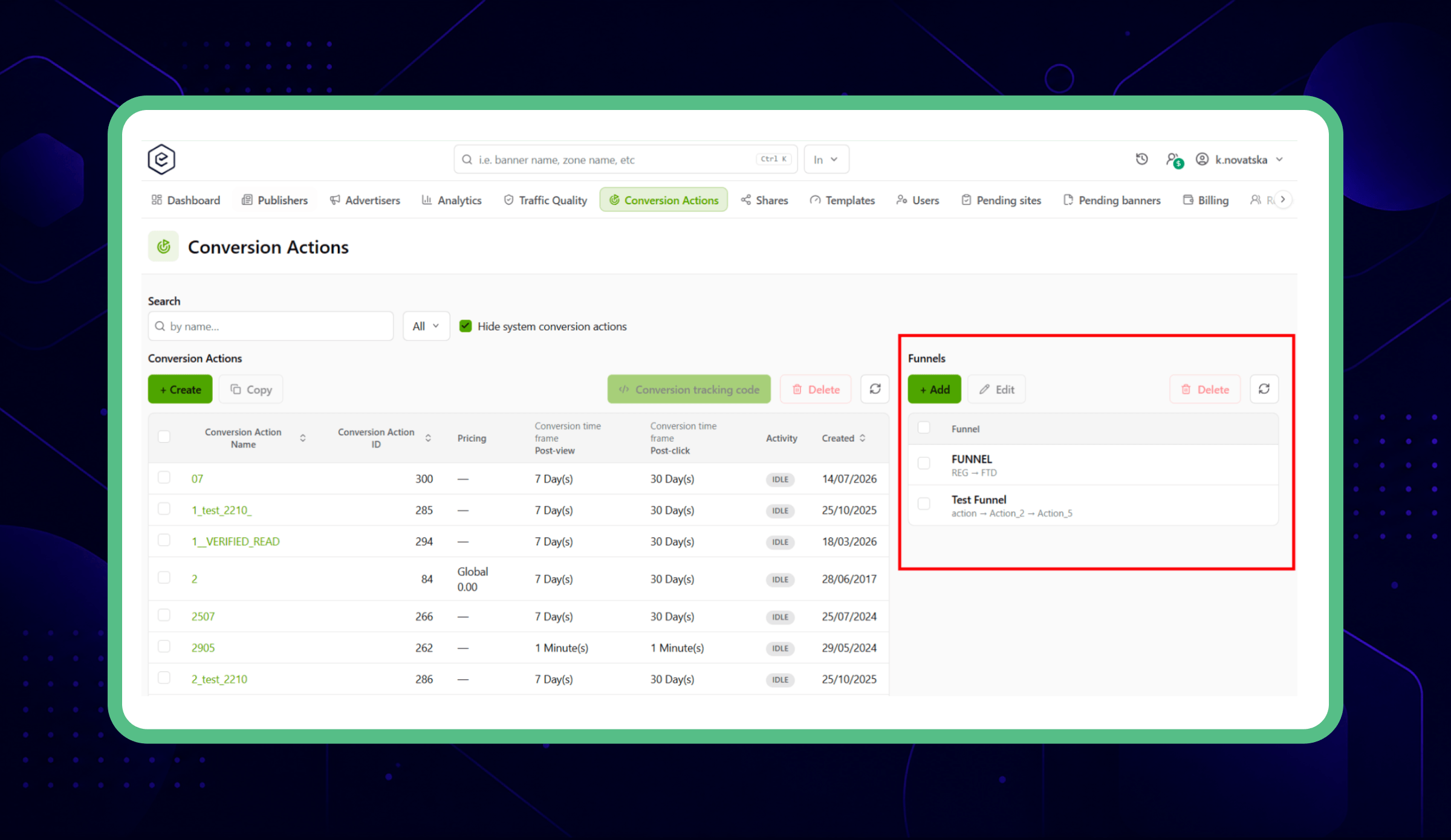 Epom ad server new interface — saved conversion funnel