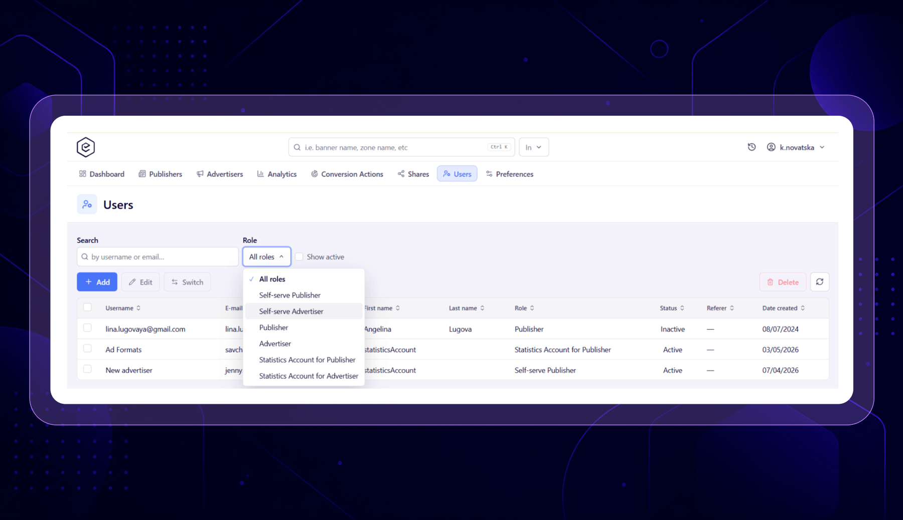 roles and permissions for adult ad network clients 